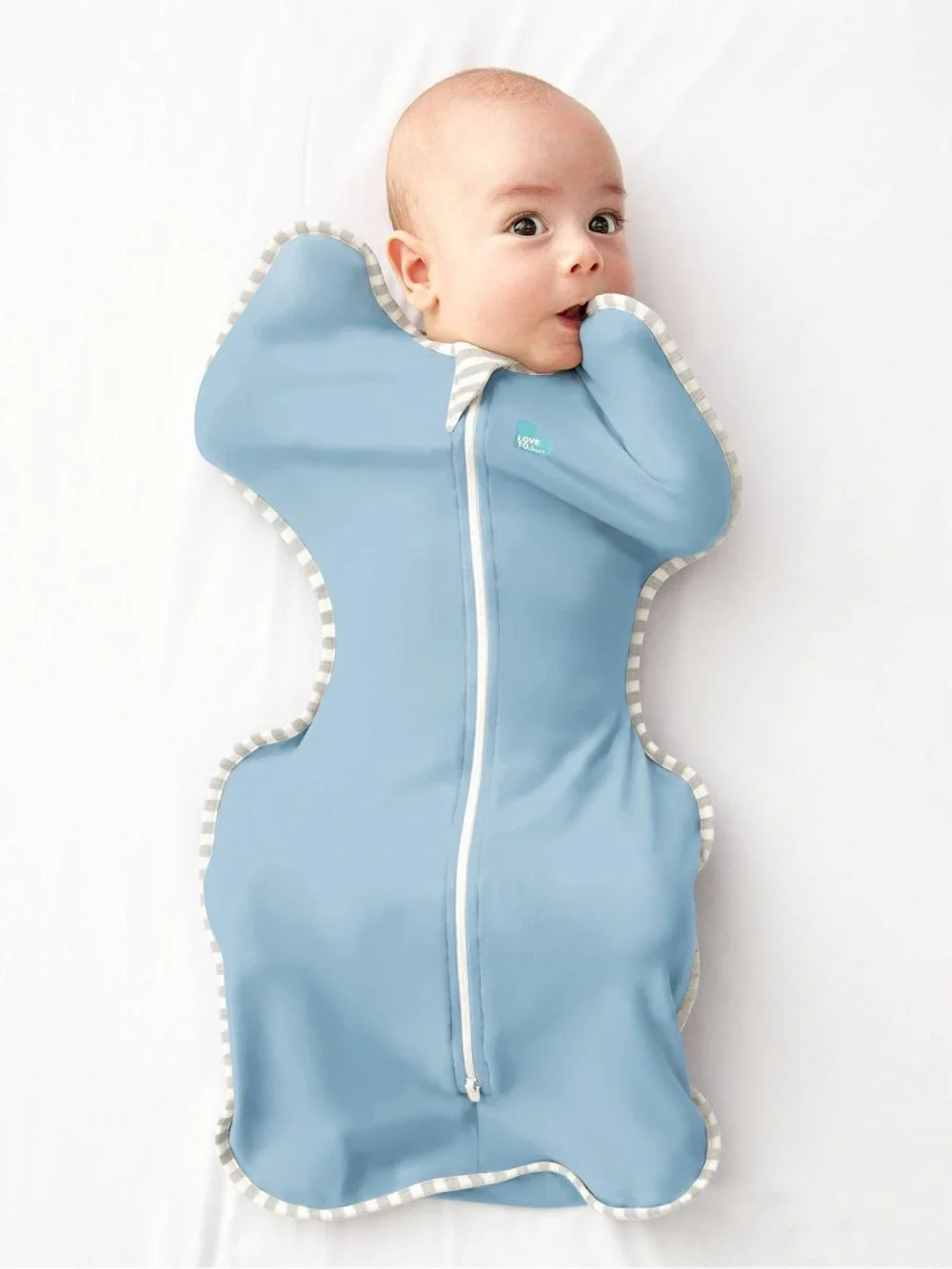 Love to dream light blue swaddle sleep sack with gray striped trim